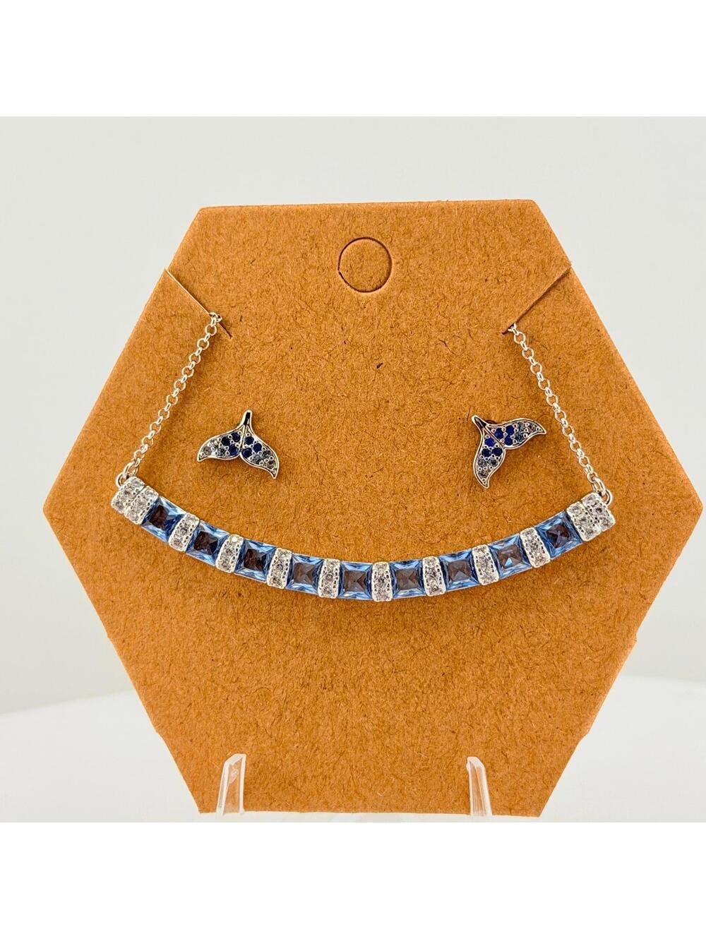 Bomb Party -Curated Necklace & Earrings Set- Aquamarine, Rhodium, Mermaid/Whale
